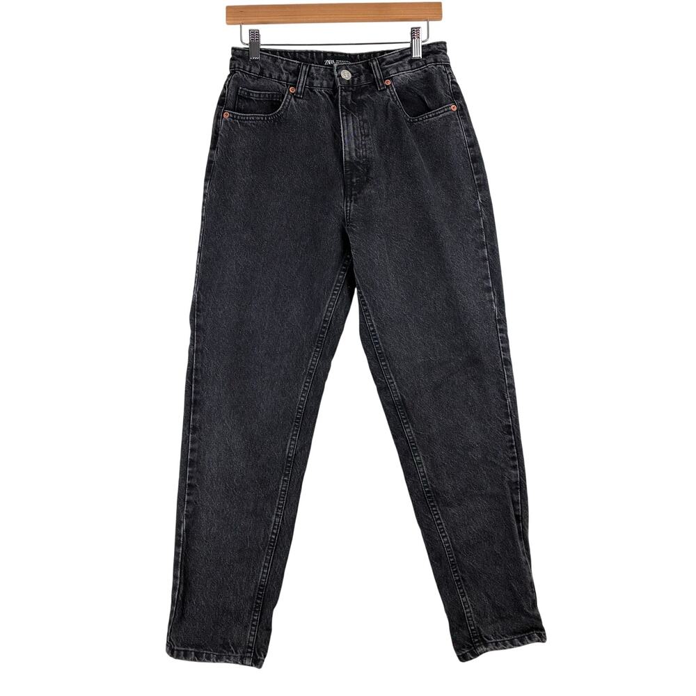 Zara Tapered Mom Jeans Women's 6 Black Stone Wash Denim 100% Cotton High Rise